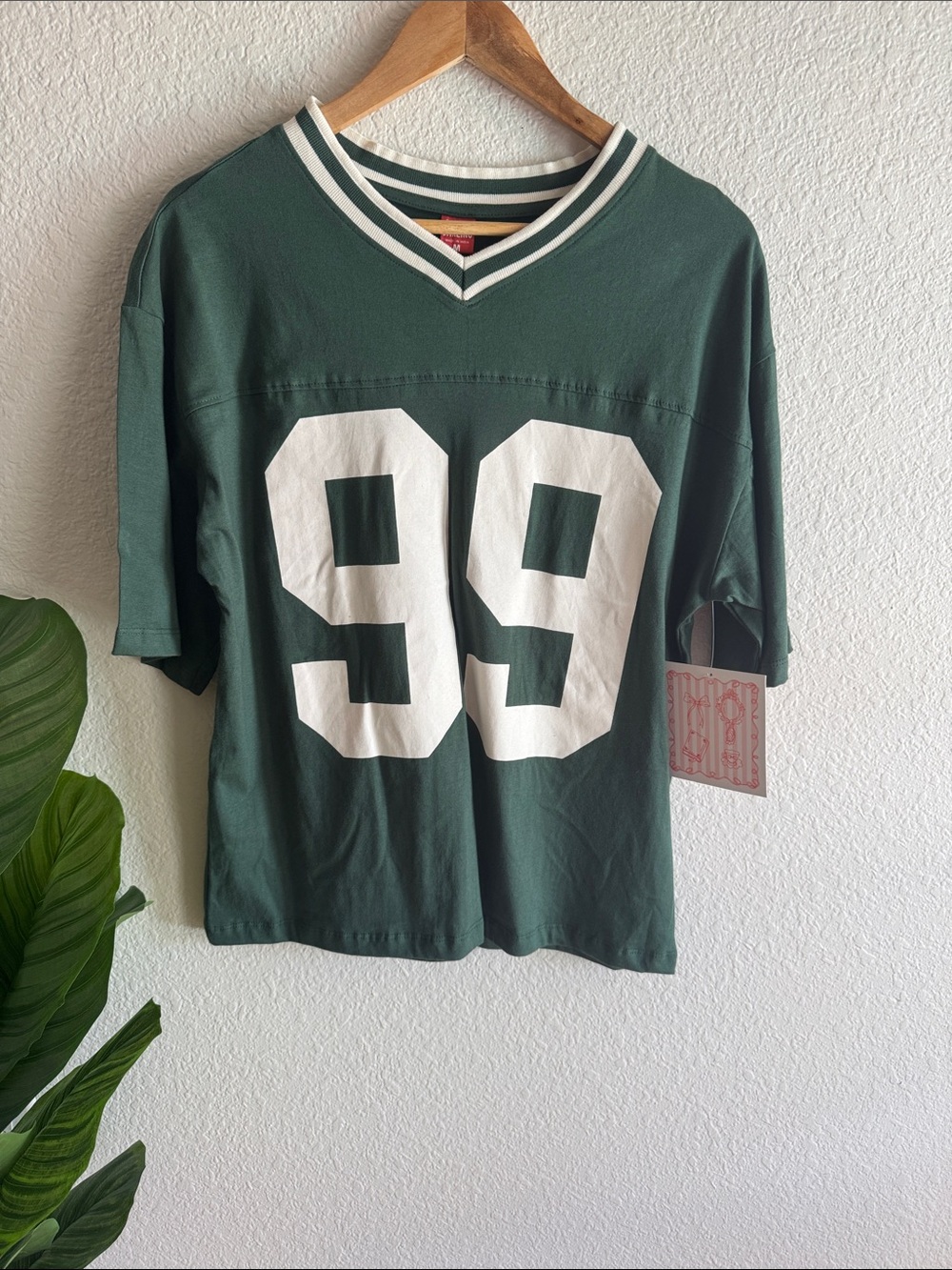 Women's Dark Green God’s Favorite V-Neck Jersey Top with White '99'